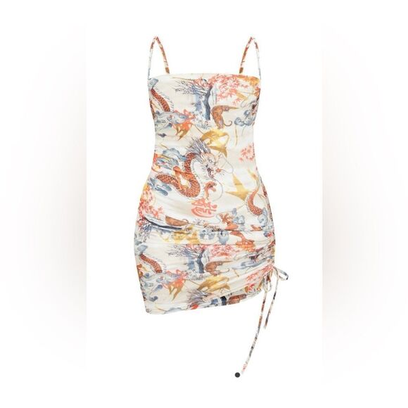 NWT PRETTYLITTLETHING Oriental print ruched side bodycon dress size 6 - Picture 1 of 10